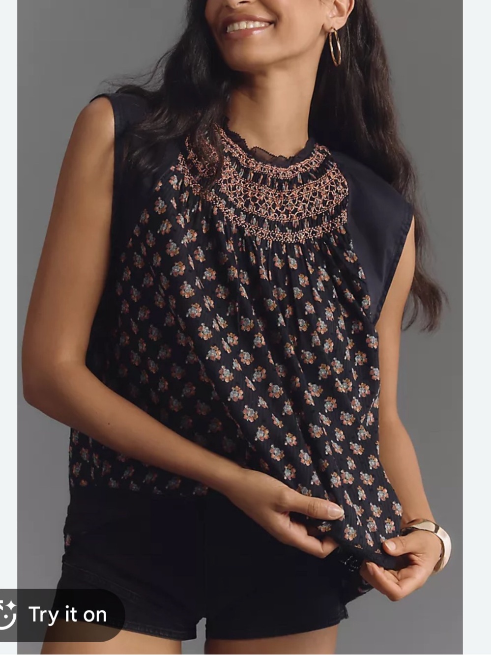 Womens Floral Smocked Sleeveless Top - Anthropologie